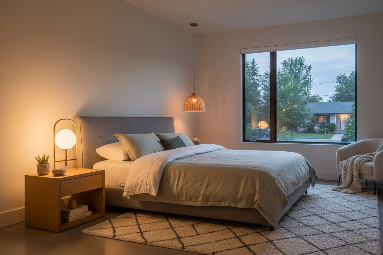 Modern night lamp on a bedside table with warm lighting in a cozy bedroom setup