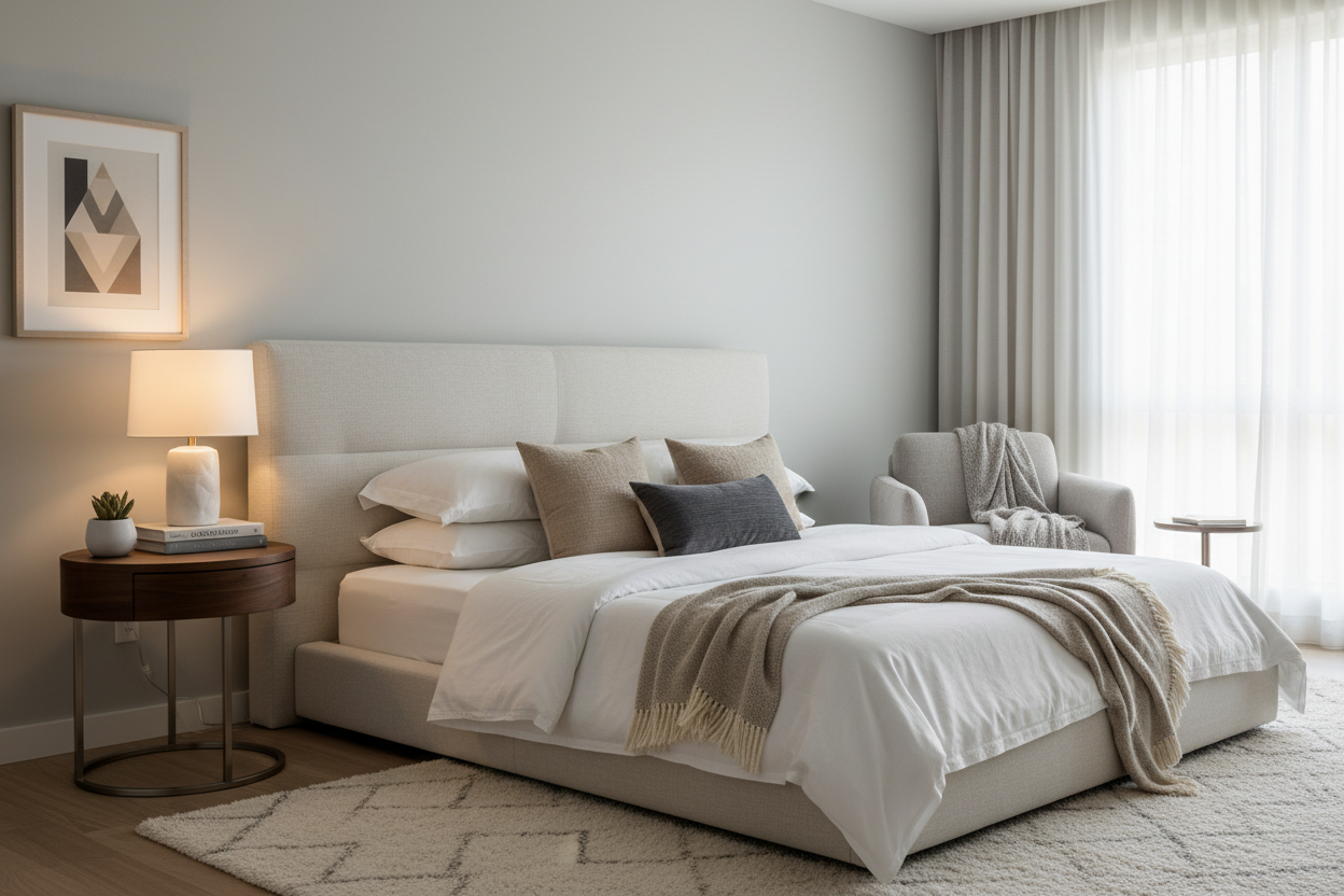 Modern bedroom setup with a stylish bedside table next to a bed, featuring cozy lighting and clean home decor