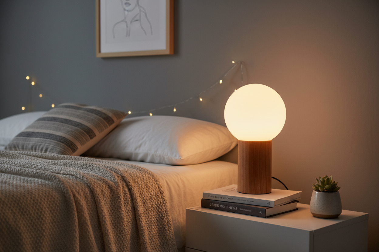 Modern night lamp for sale displayed on a bedside table with warm lighting in a cozy bedroom setting