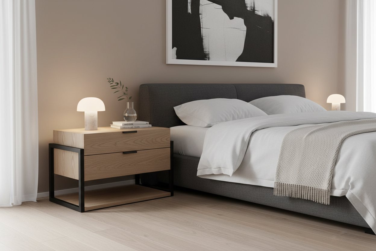 Modern bedside table placed next to a bed in a clean and stylish bedroom setup
