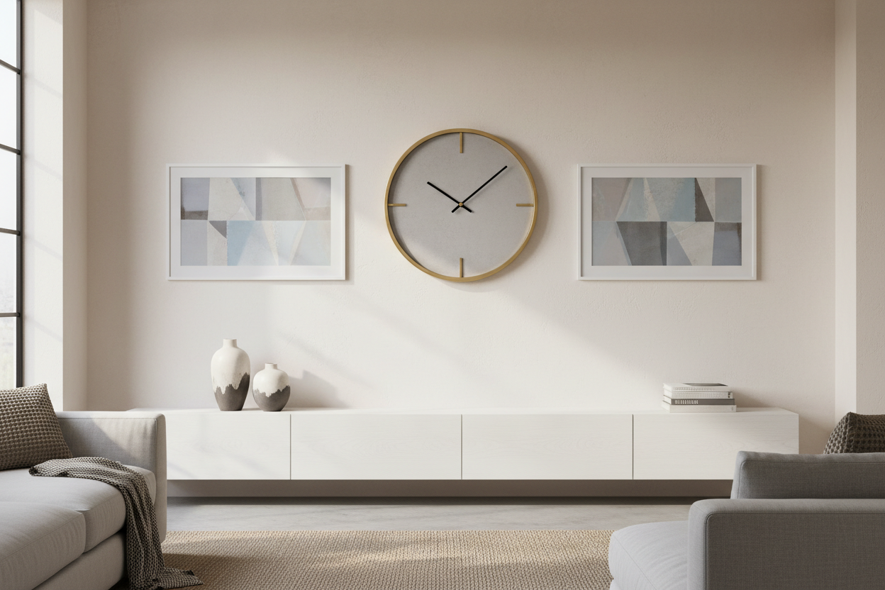 Modern wall clock displayed on a stylish living room wall with clean home decor setup